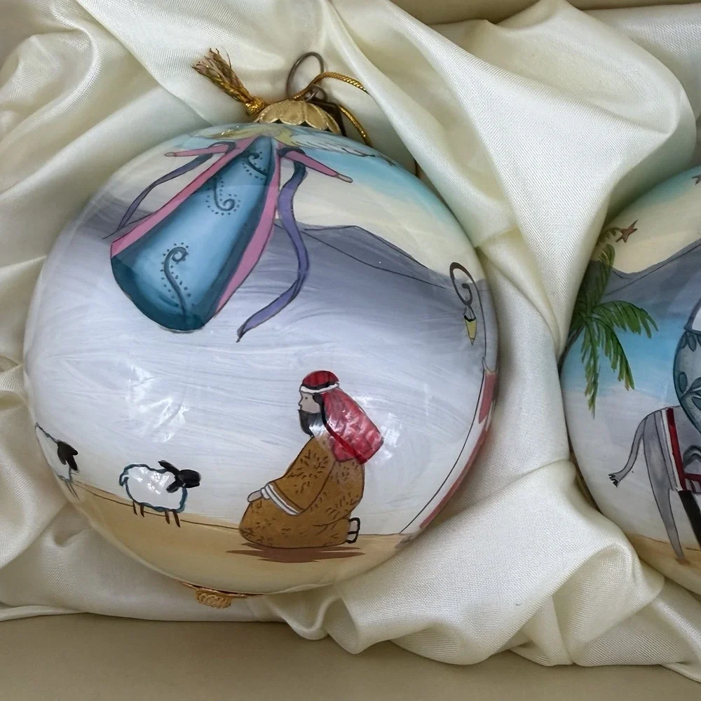 Three Hand‎ Painted Pier One Li Bien 2018 Christmas Ornaments w/ 3 Position Box